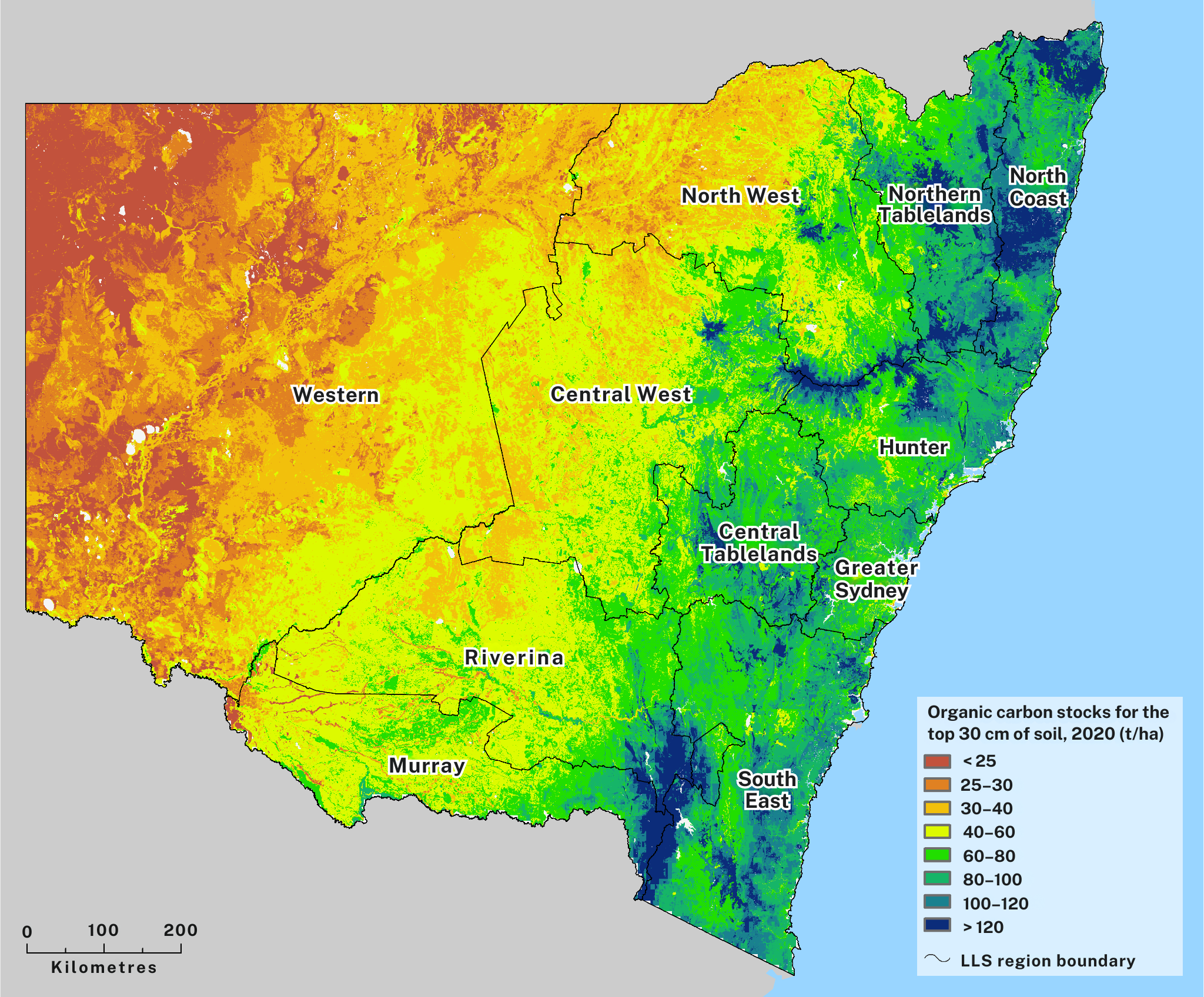 Organic carbon stocks for the top 30 cm of soil (t/a) as of 2020, with lower levels in west, and higher levels in coastal regions