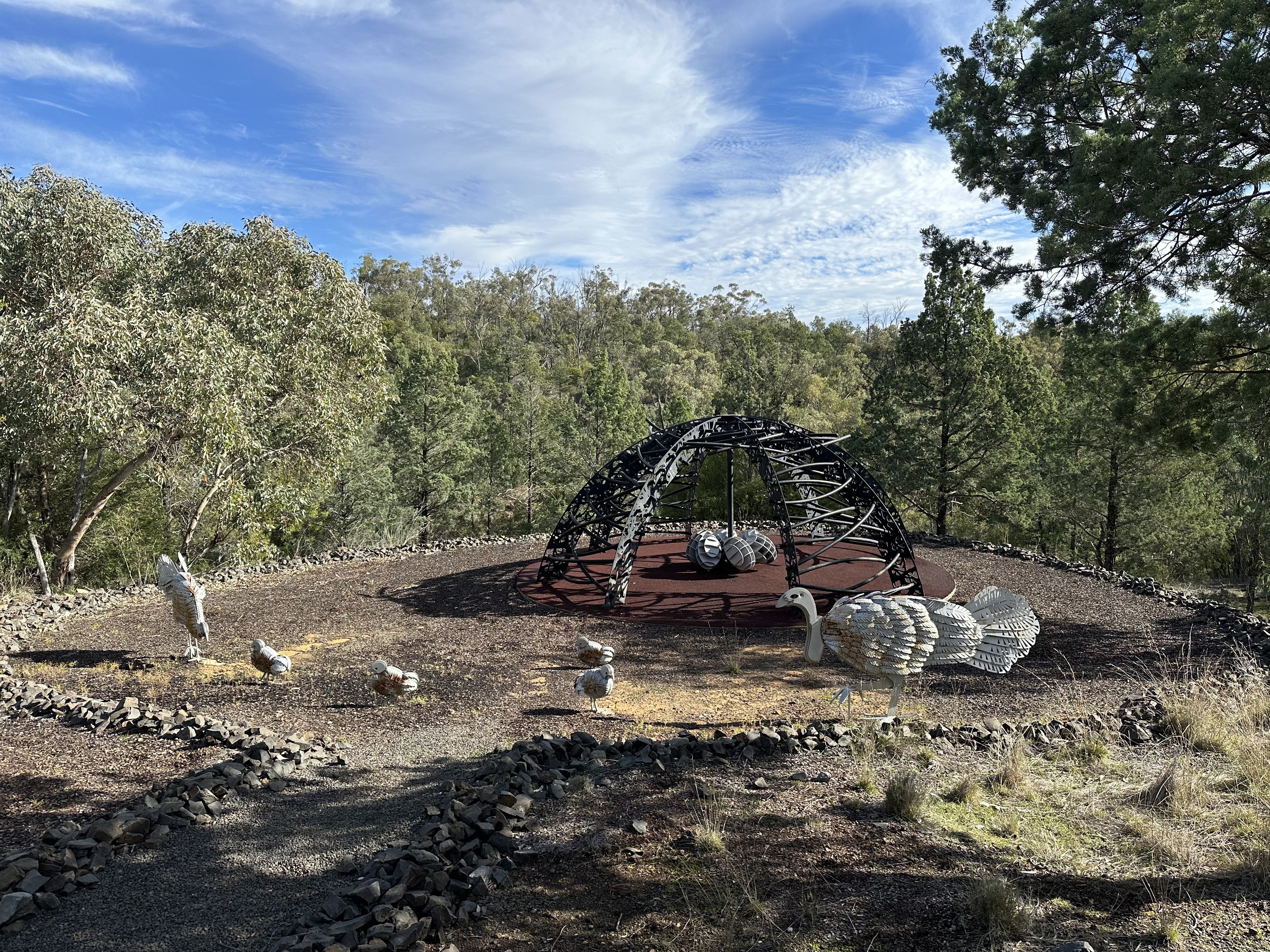 Photograph of scrub turkey nest sculptures at Daeriah Aboriginal Place - picnic area