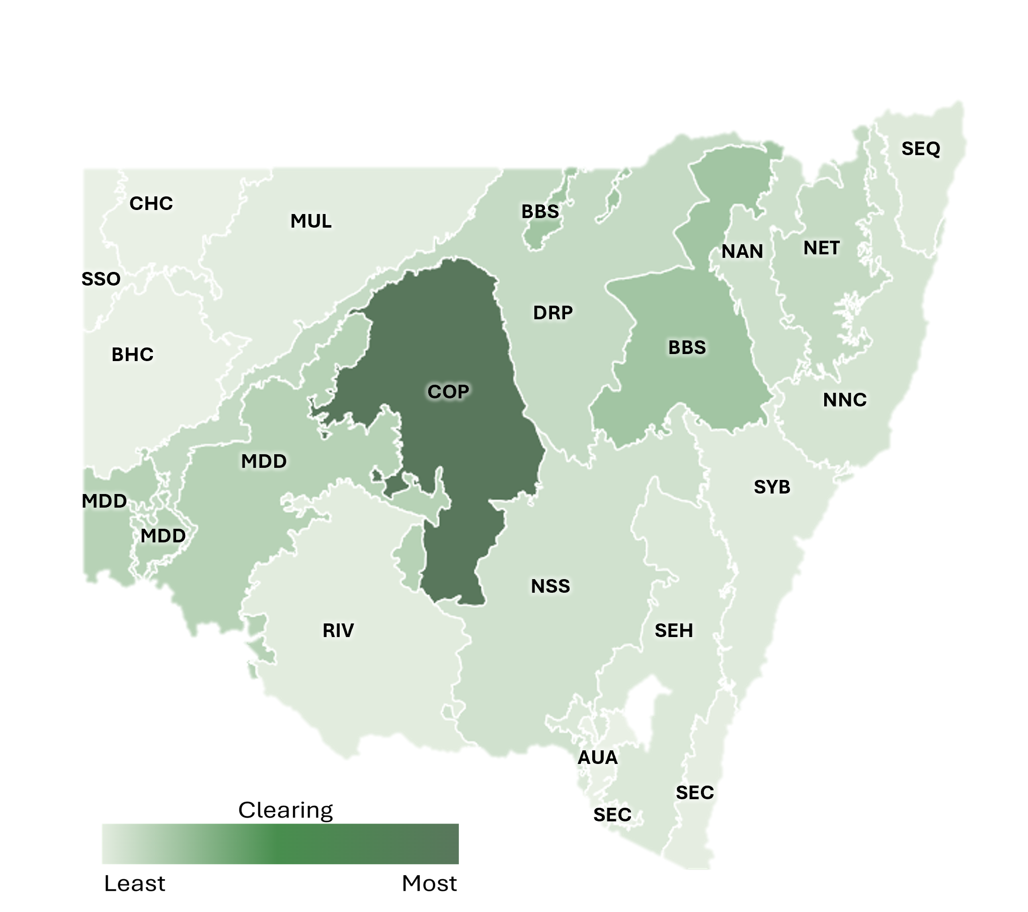 A map of New South Wales showing where the most clearing has taken place.