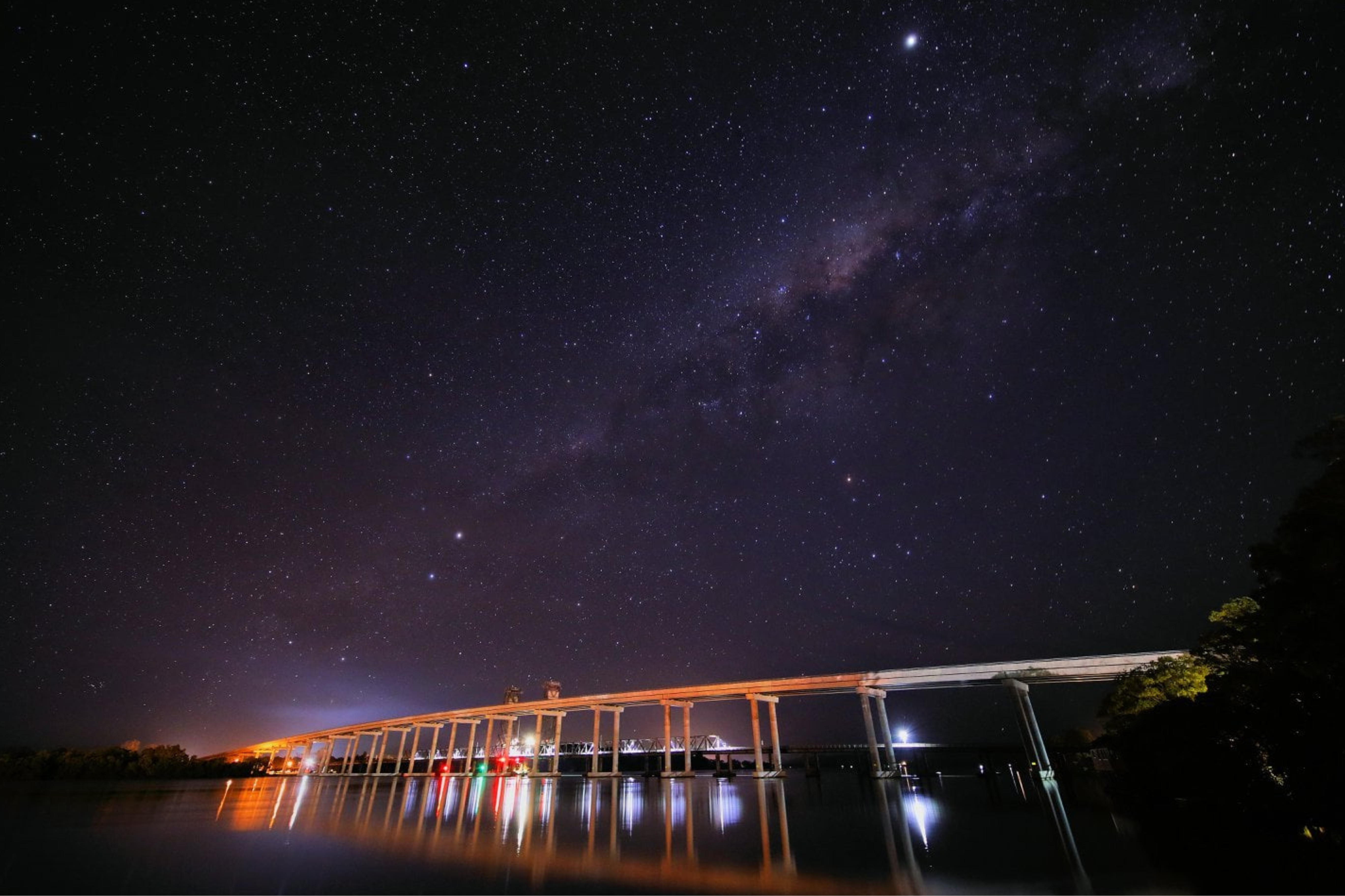 Evening night sky with new road bridge over the Clarence River at Harwood