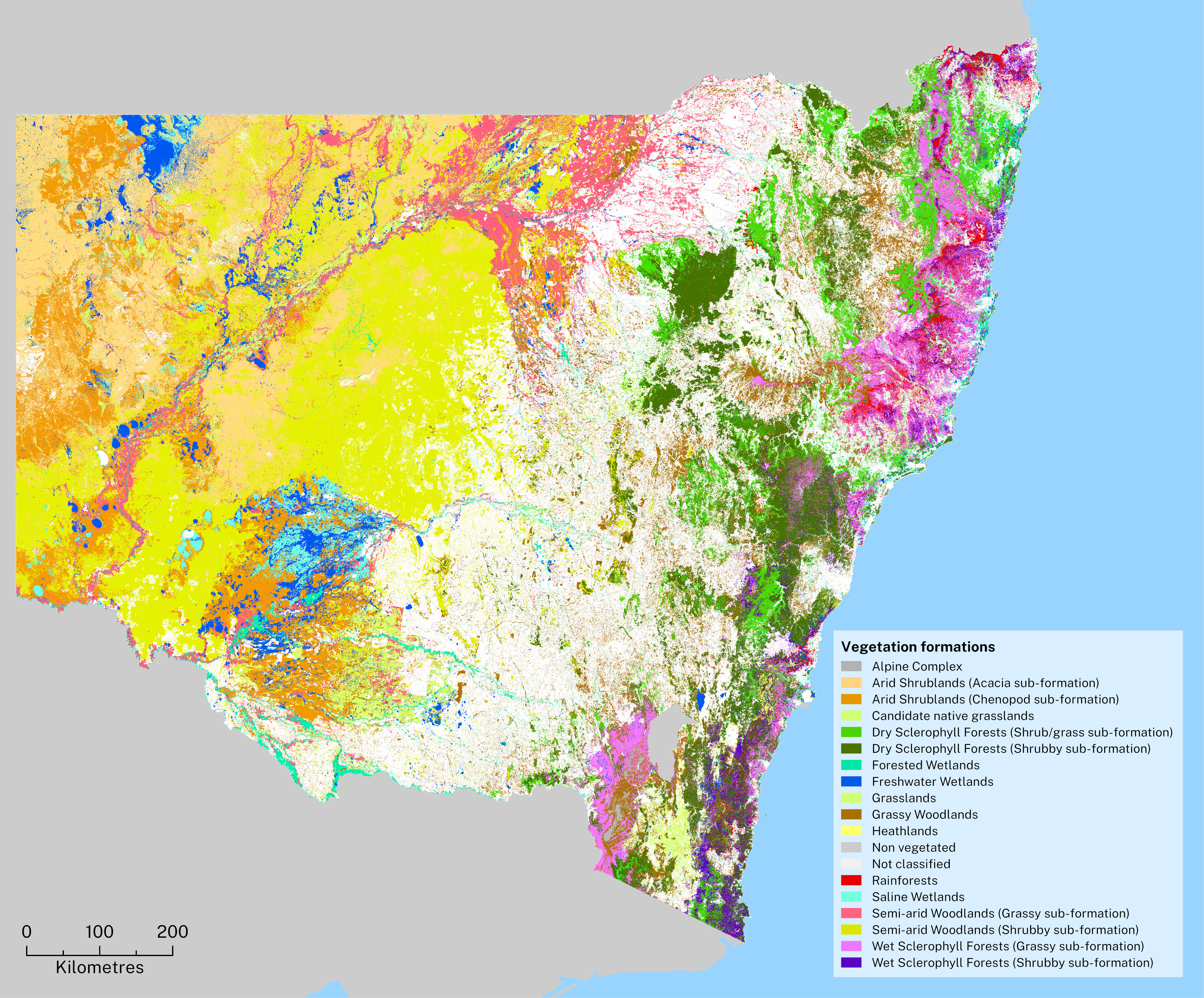 A map of New South Wales showing the location of different vegetation formations across the state. 