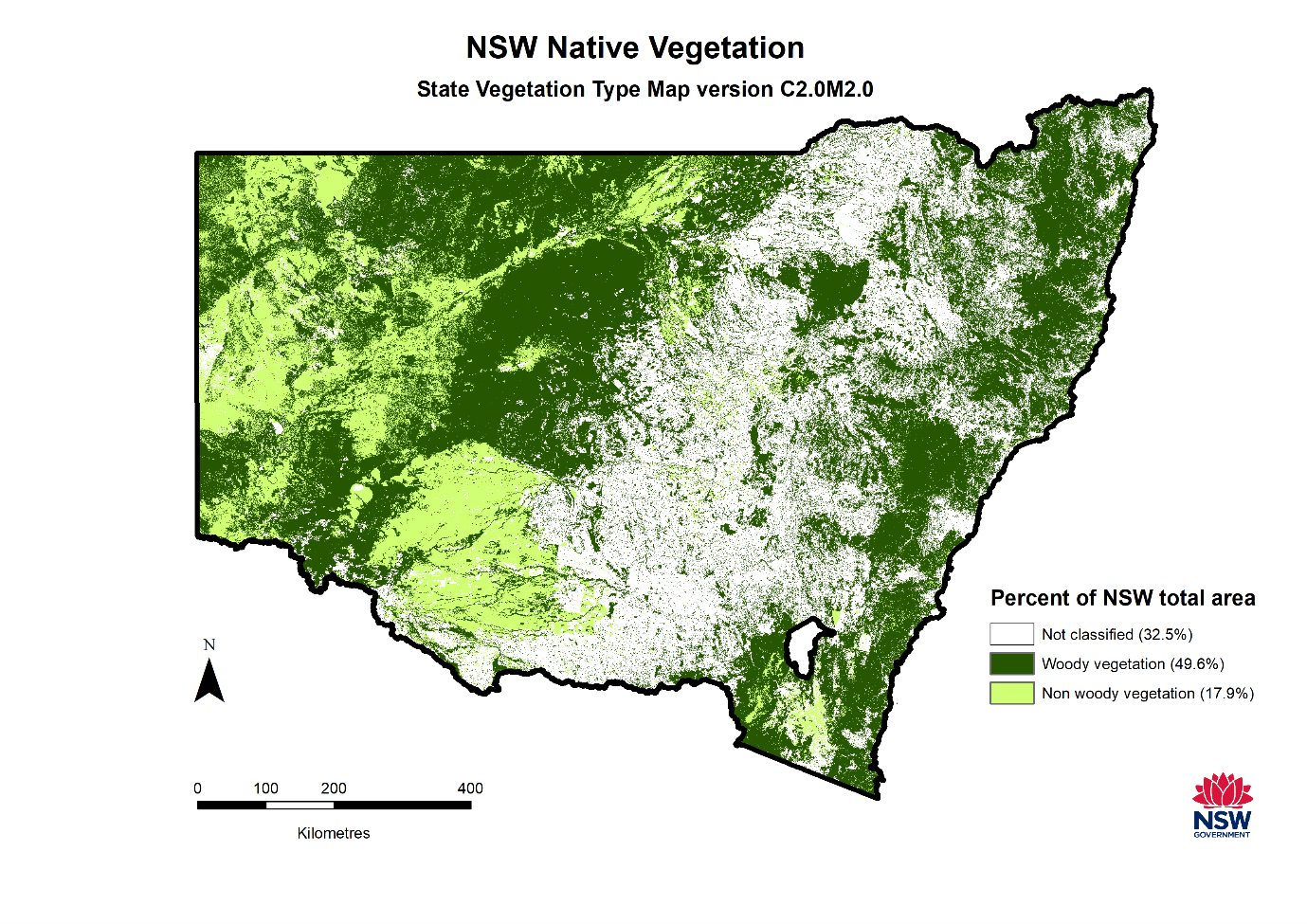 A map of New South Wales showing that most vegetation has been lost in the main agricultural area of the central west, between the Queensland and Victorian borders.