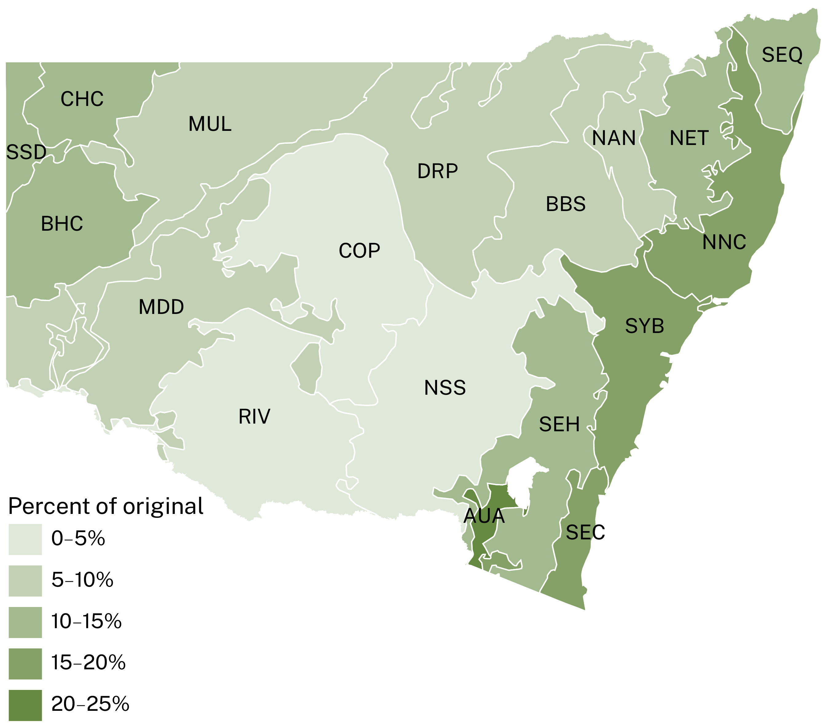 Map of NSW showing that the area of the state with the highest resilience is along the east coast (20-25%).