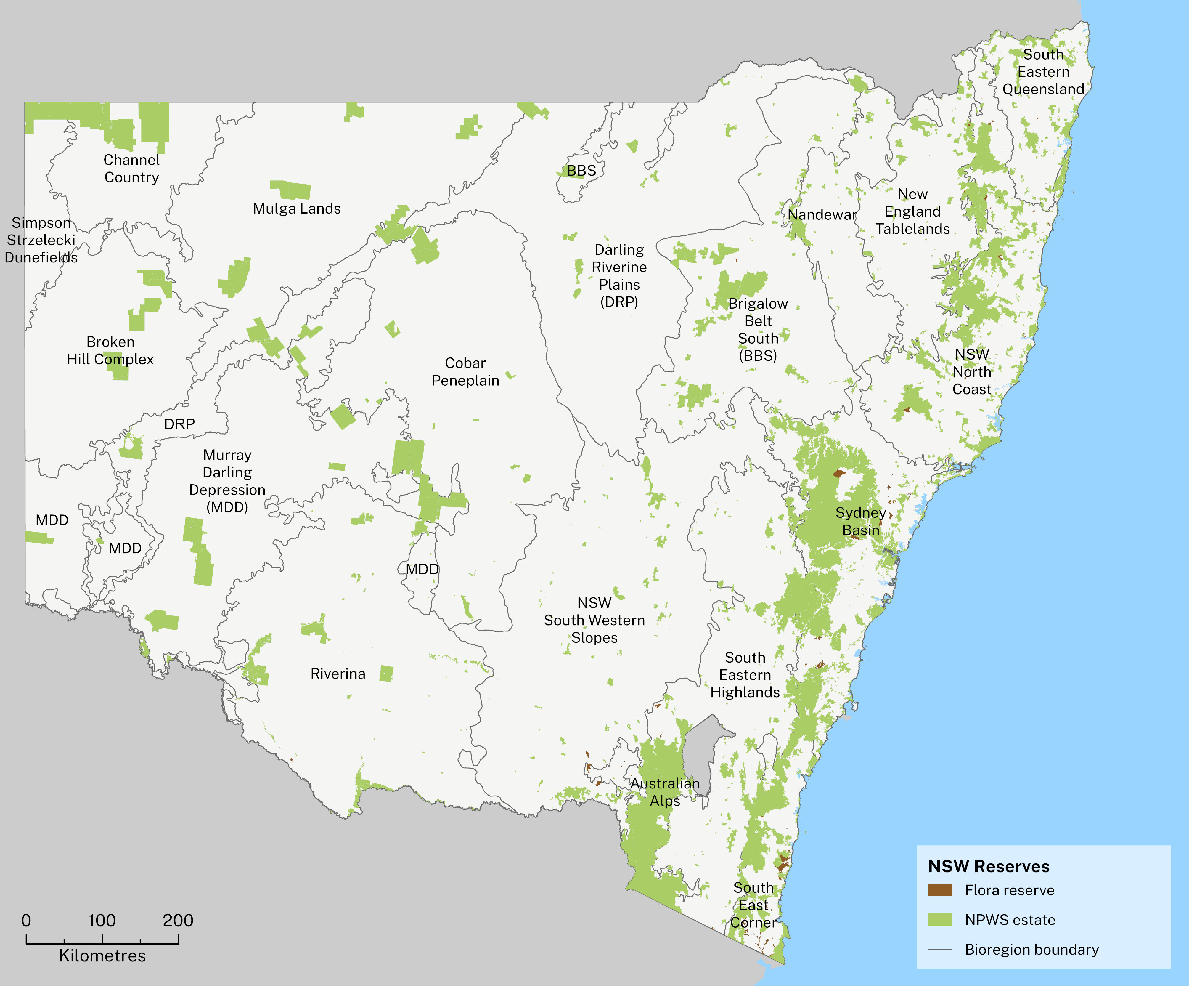 A map of the state of NSW showing areas of NSW national parks and flora reserves that are formal protected areas for the purpose of conservation