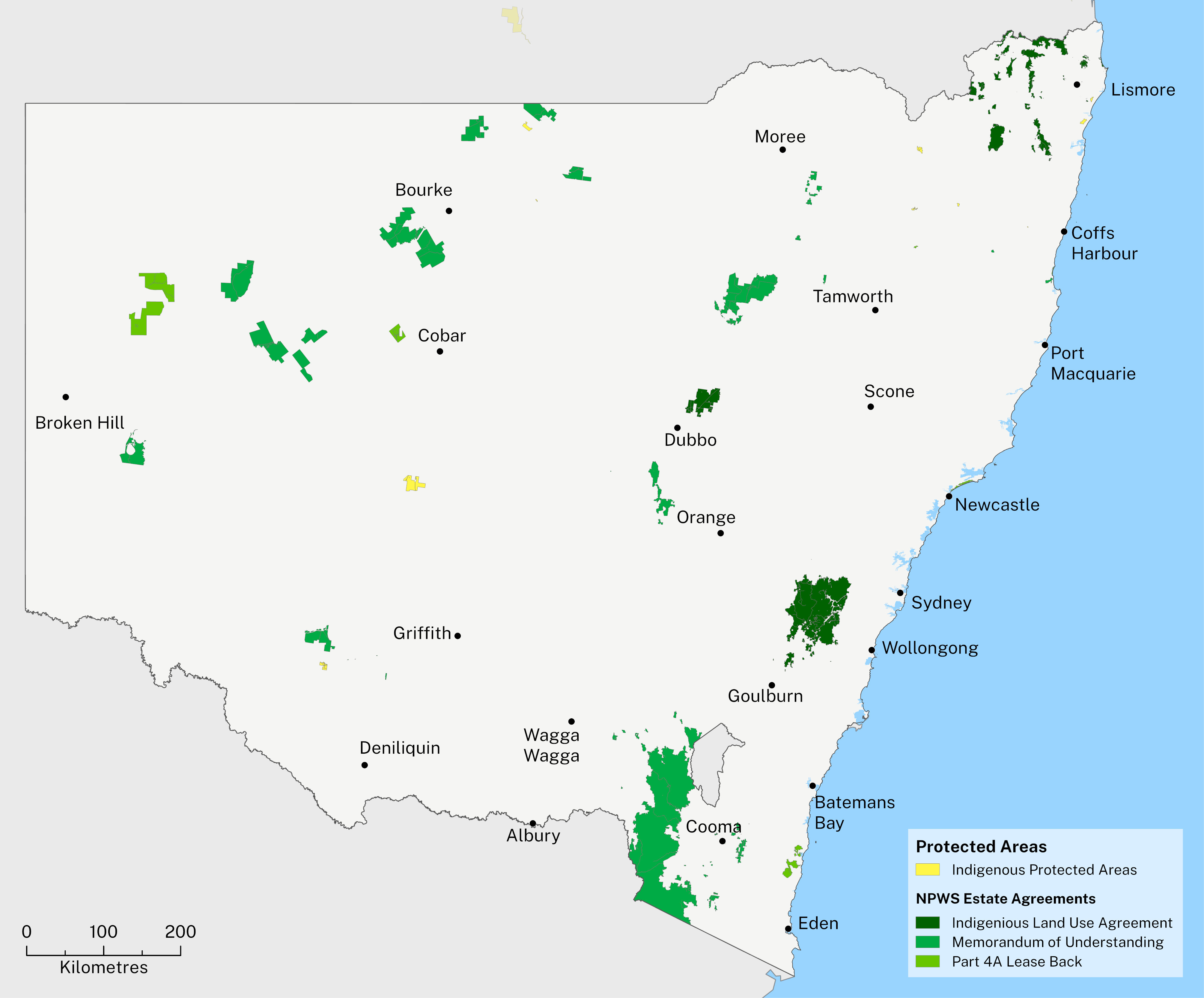 A map of New South Wales showing locations of Indigenous Protected Areas and joint management