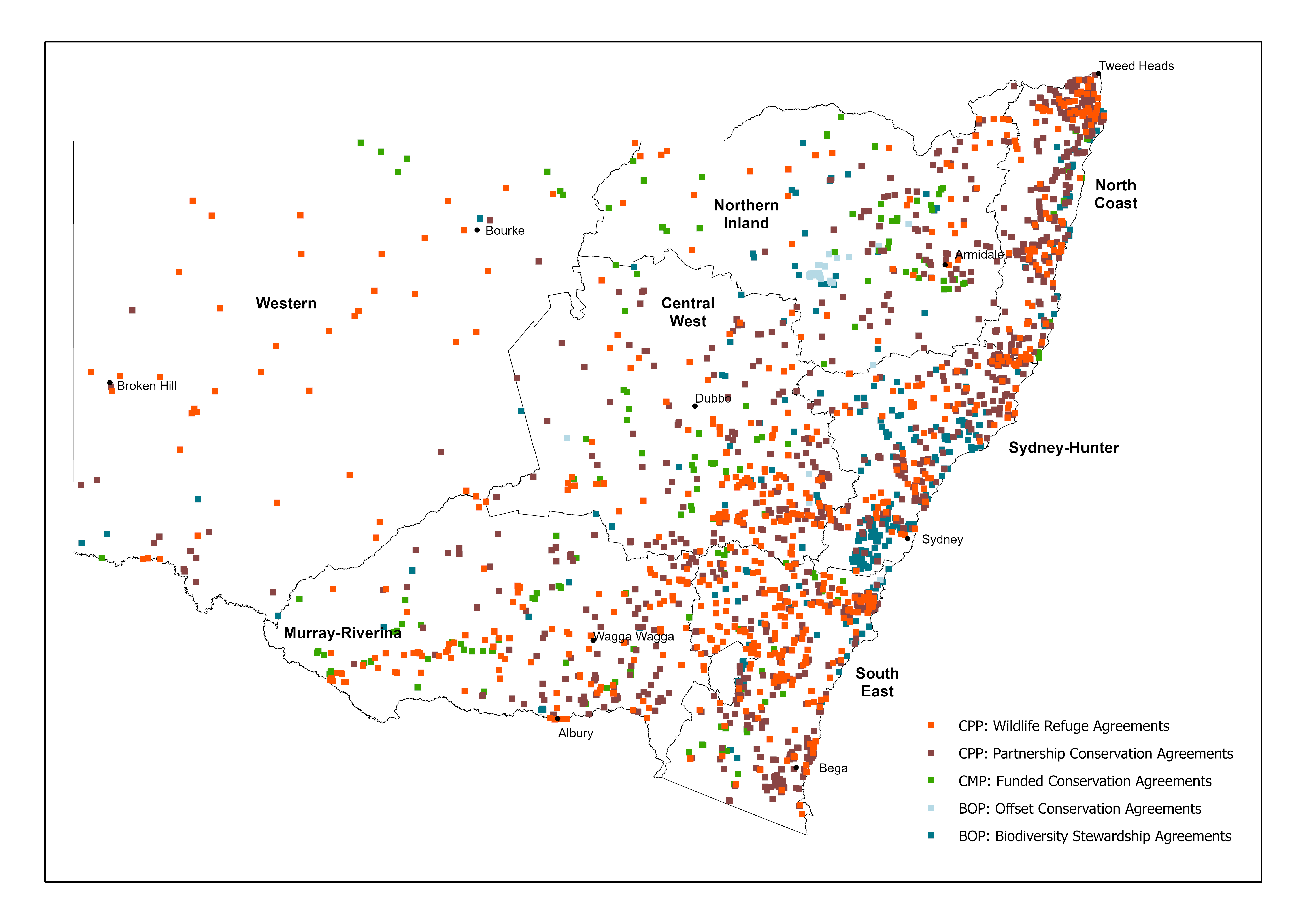 A map of New South Wales showing protected areas, or land managed for conservation, under agreements with the Biodiversity Conservation Trust