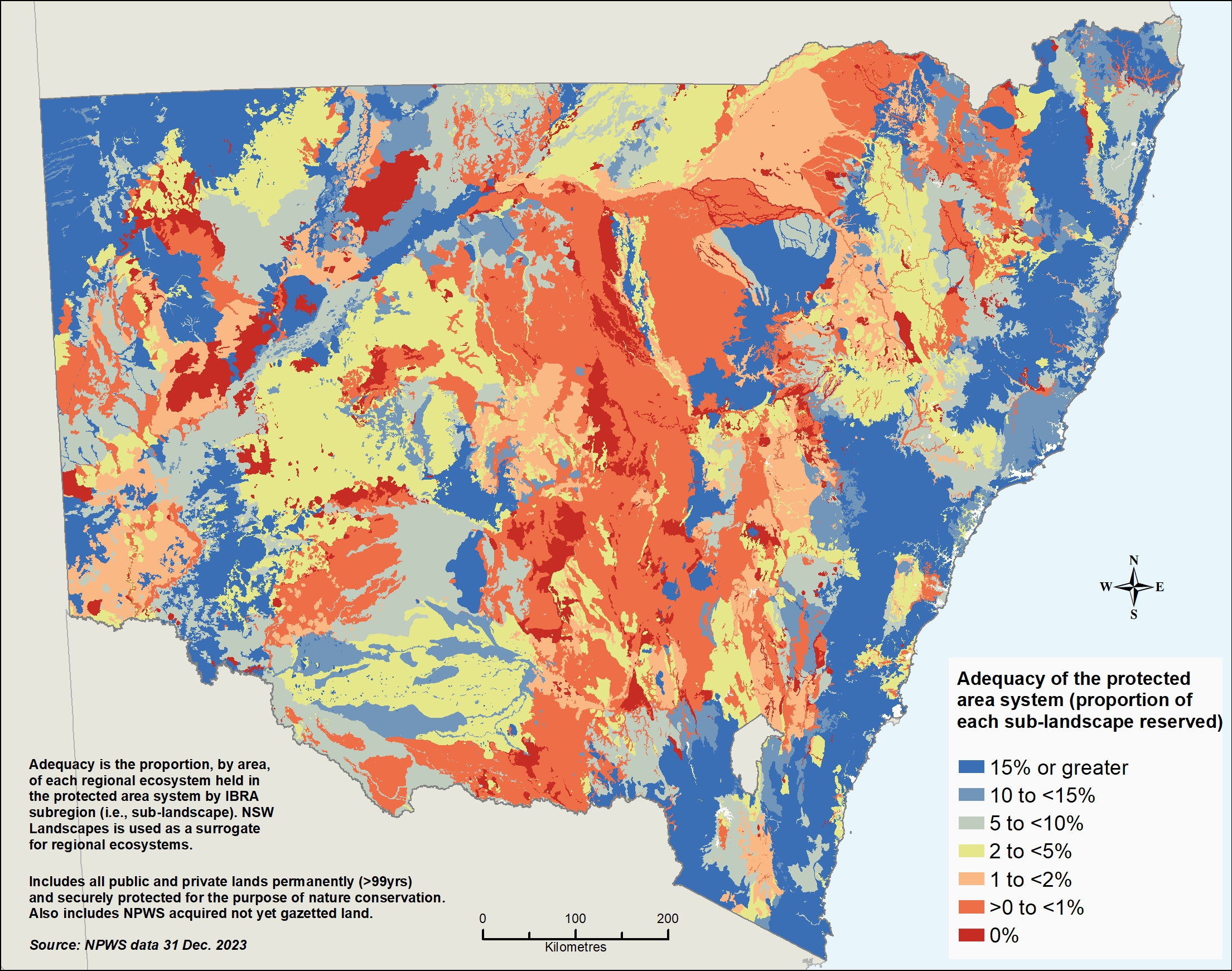 A map of New South Wales showing the adequacy of the public and private protected area system in NSW