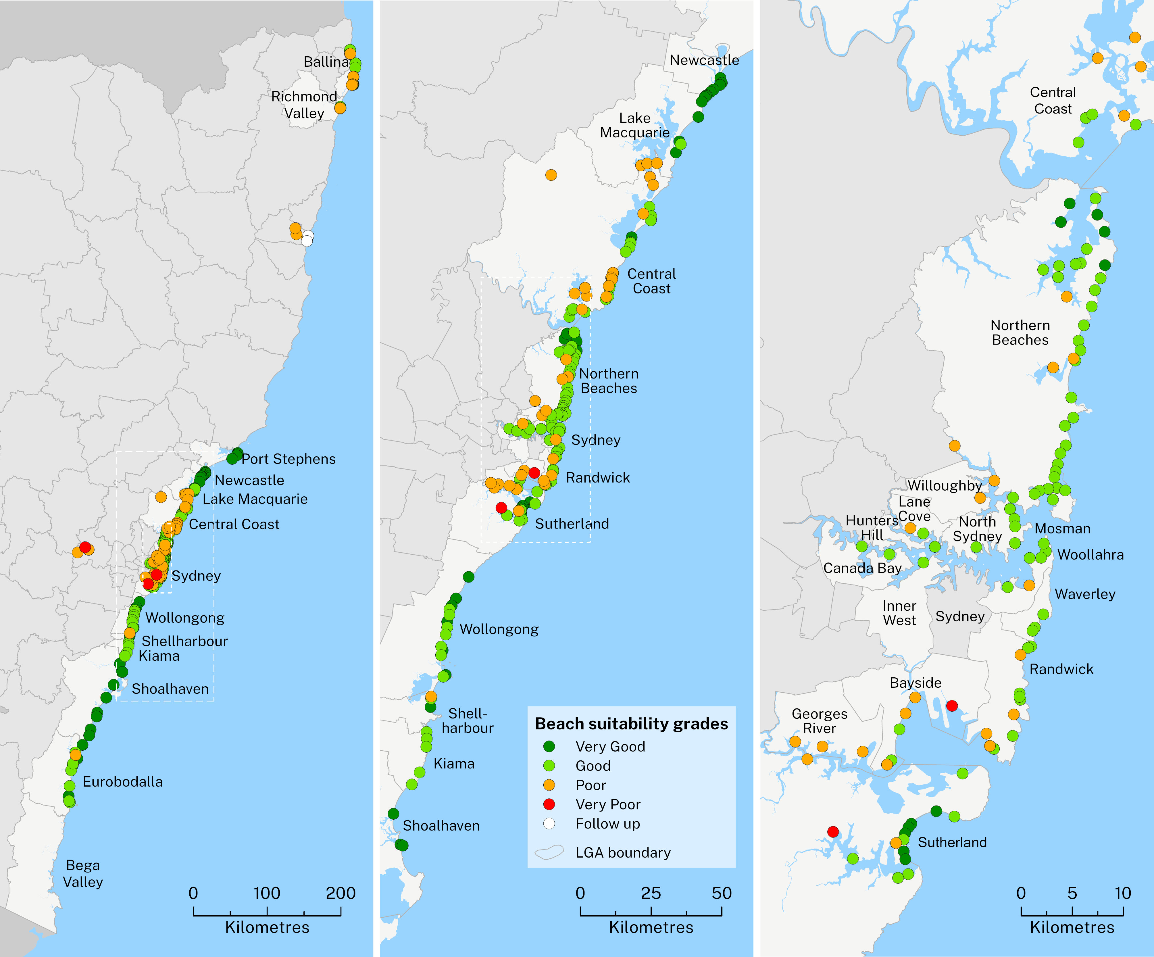 three map sections showing different regions of the coast