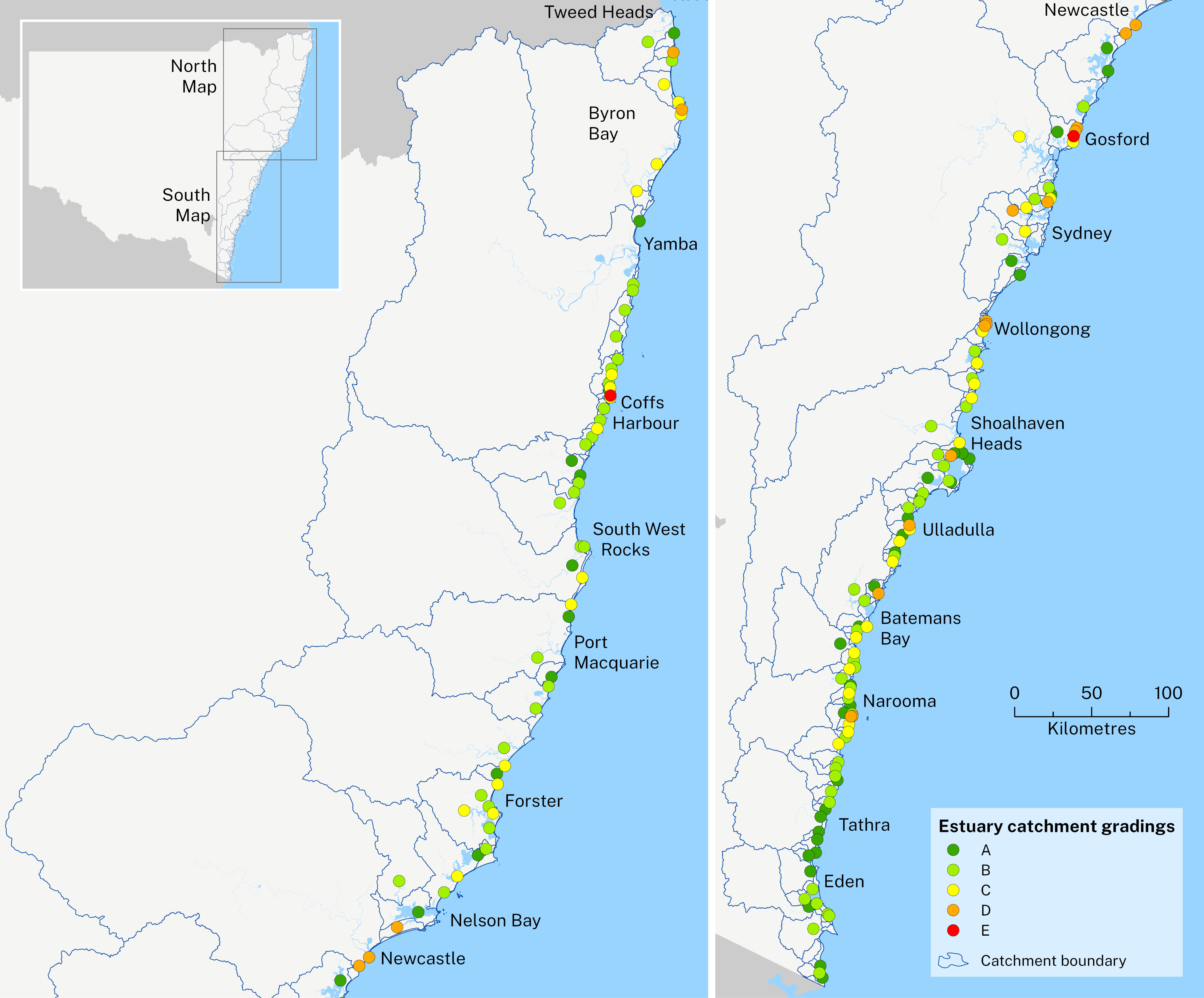 Map of New South Wales with close up of the area from Gosford to Eden