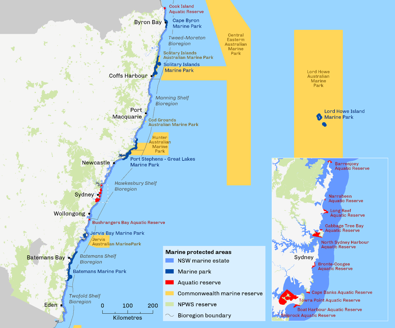 Map of NSW showing location of marine parks