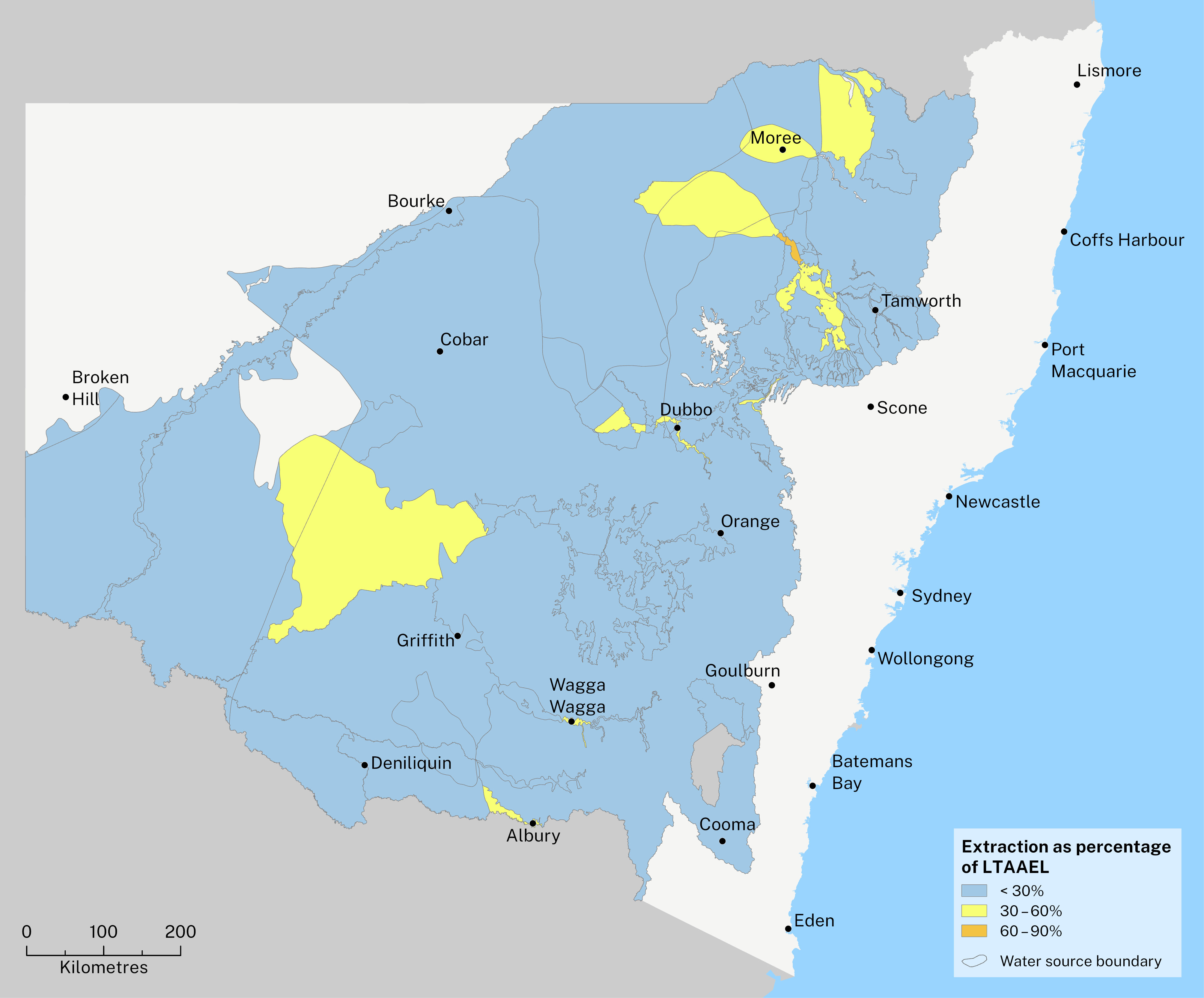Map of NSW showing difference in extraction of groundwater across the state