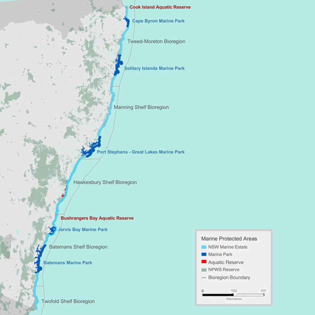 map of NSW coastline showing marine bioregions and other protected areas