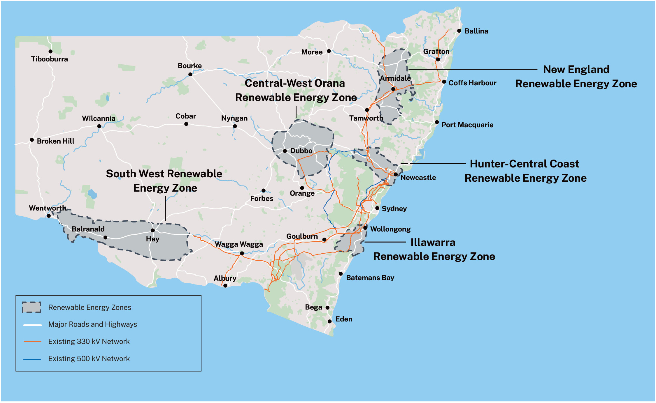 A map of New South Wales, showing the locations of Renewable Energy Zones (REZs) across the state. Five major REZs are highlighted with dashed outlines. The map also shows major roads and highways, as well as the existing 330 kV and 500 kV electrical network lines.