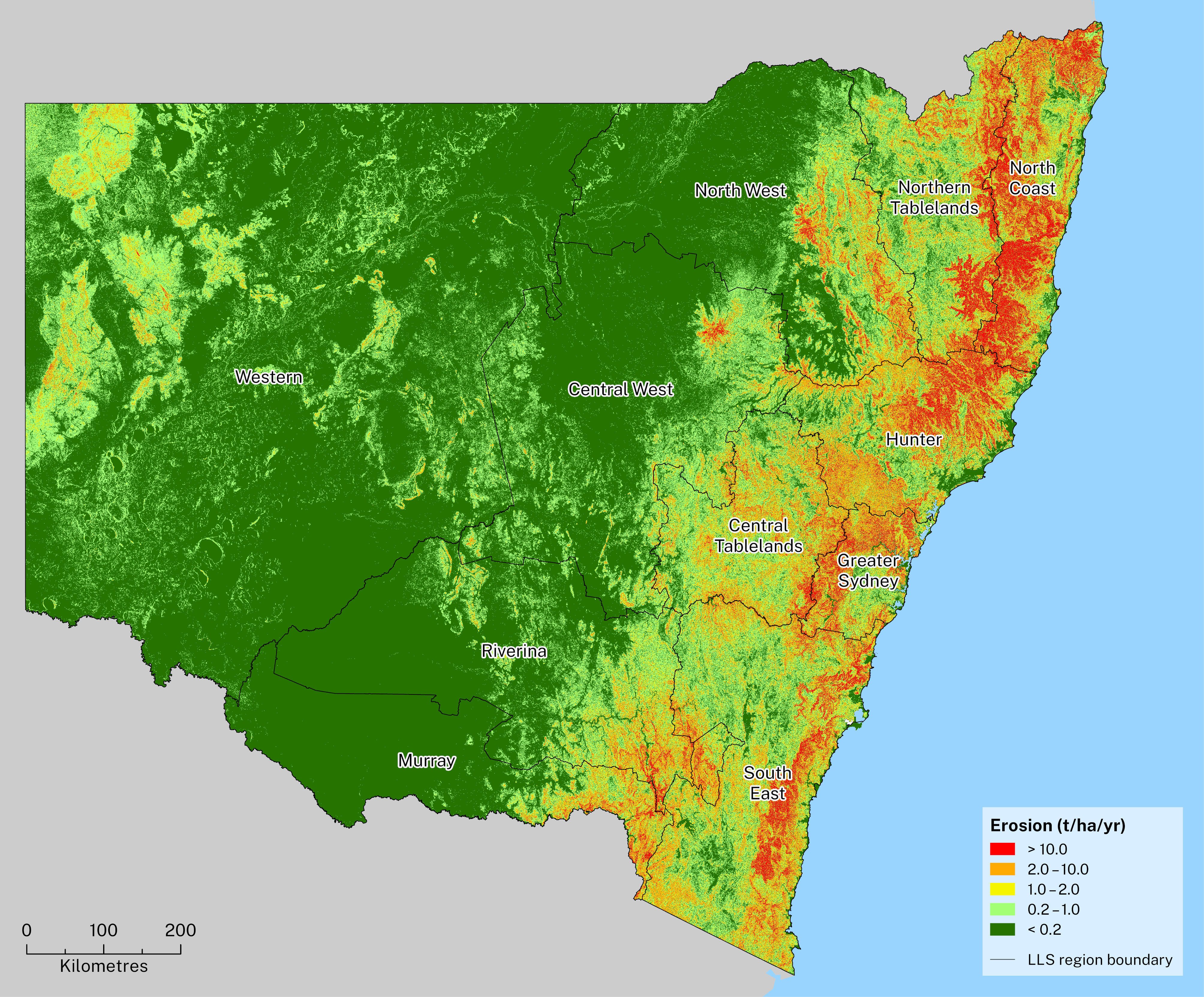 Annual mean hillslope erosion rates (t/ha/yr) for 2021–2023, with higher erosion in the coastal regions and lower rates in the west