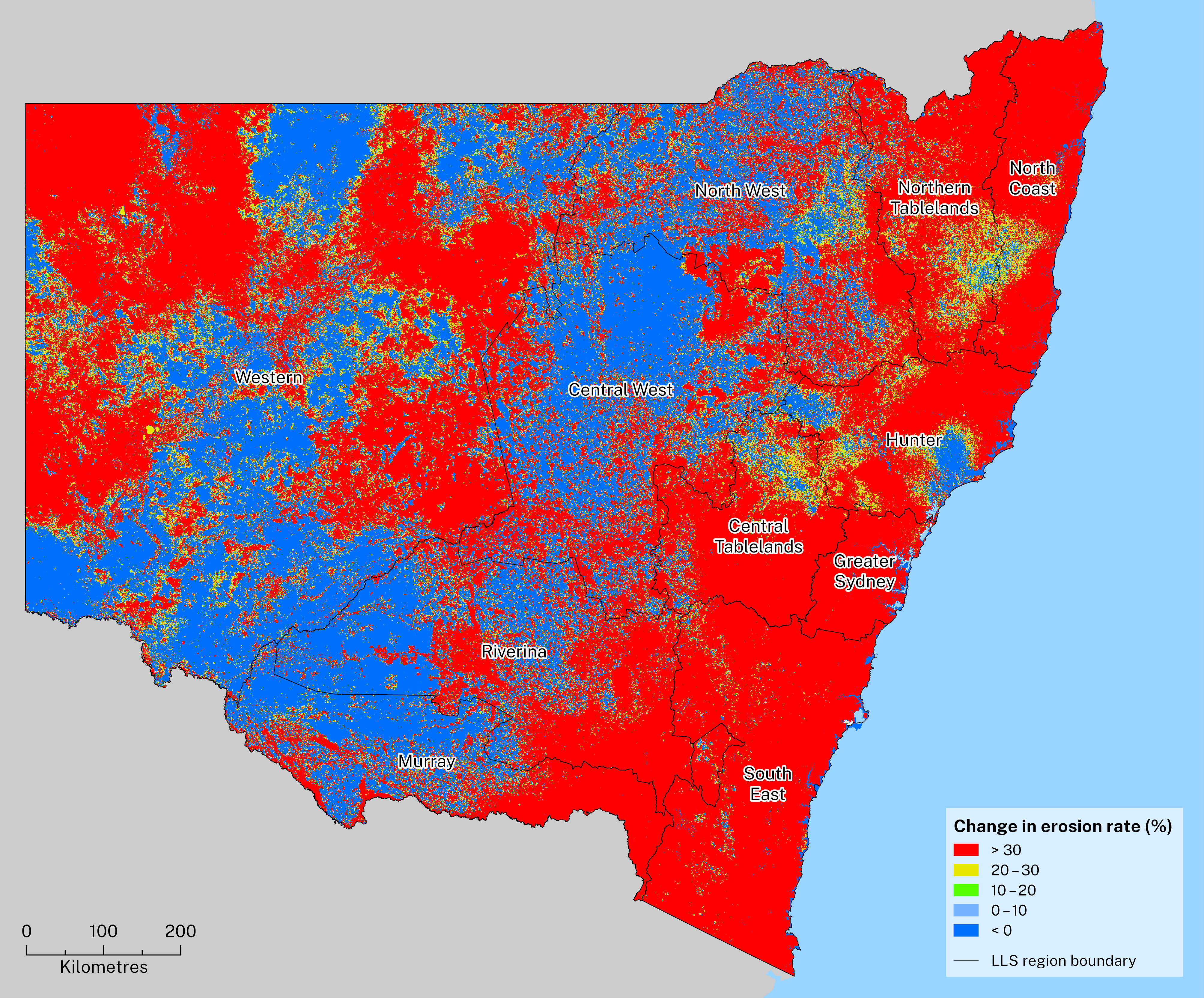 Percentage changes in hillslope erosion, with decreases in blue and increases over 30%, highlighted in red