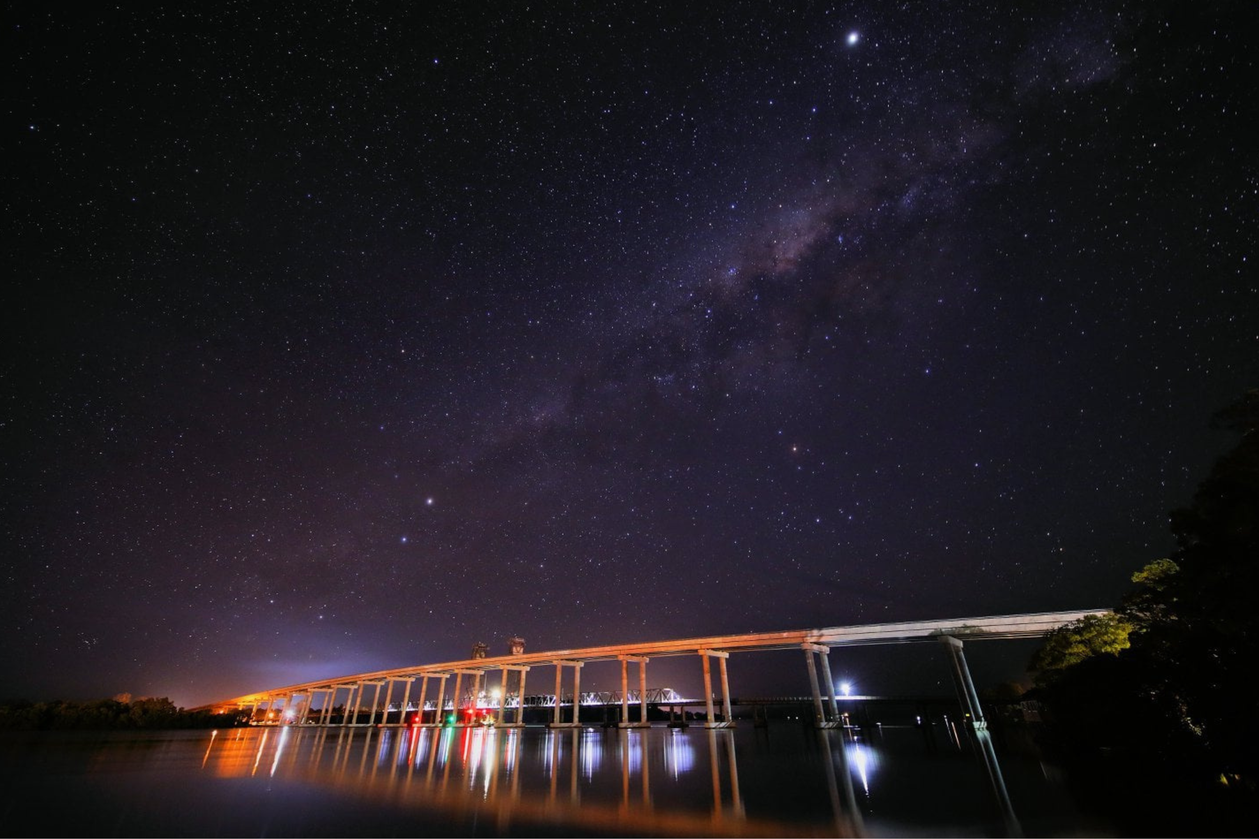 Evening night sky with new road bridge over the Clarence River at Harwood