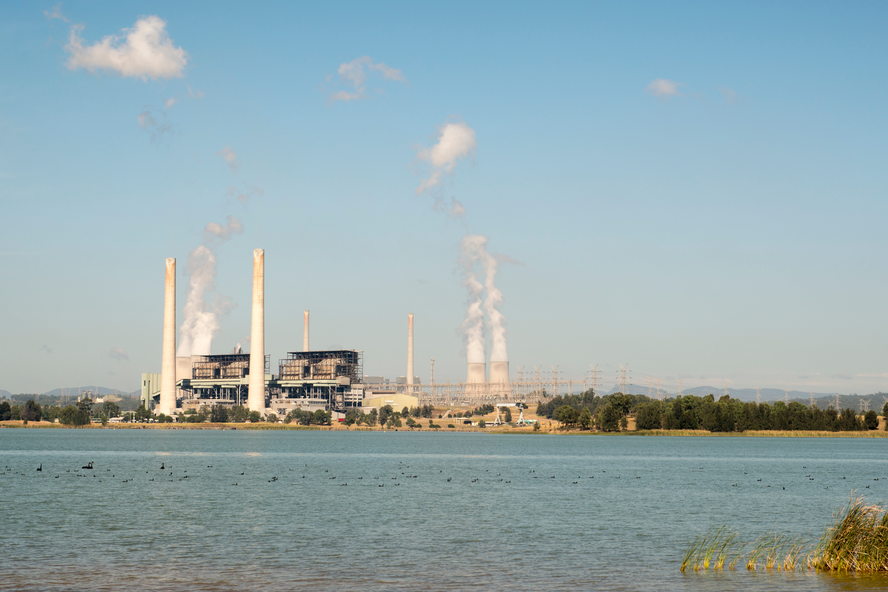 Powerplant in the distance behind waterside